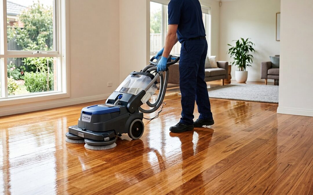 Technician deep-cleaning a polished hardwood floor
